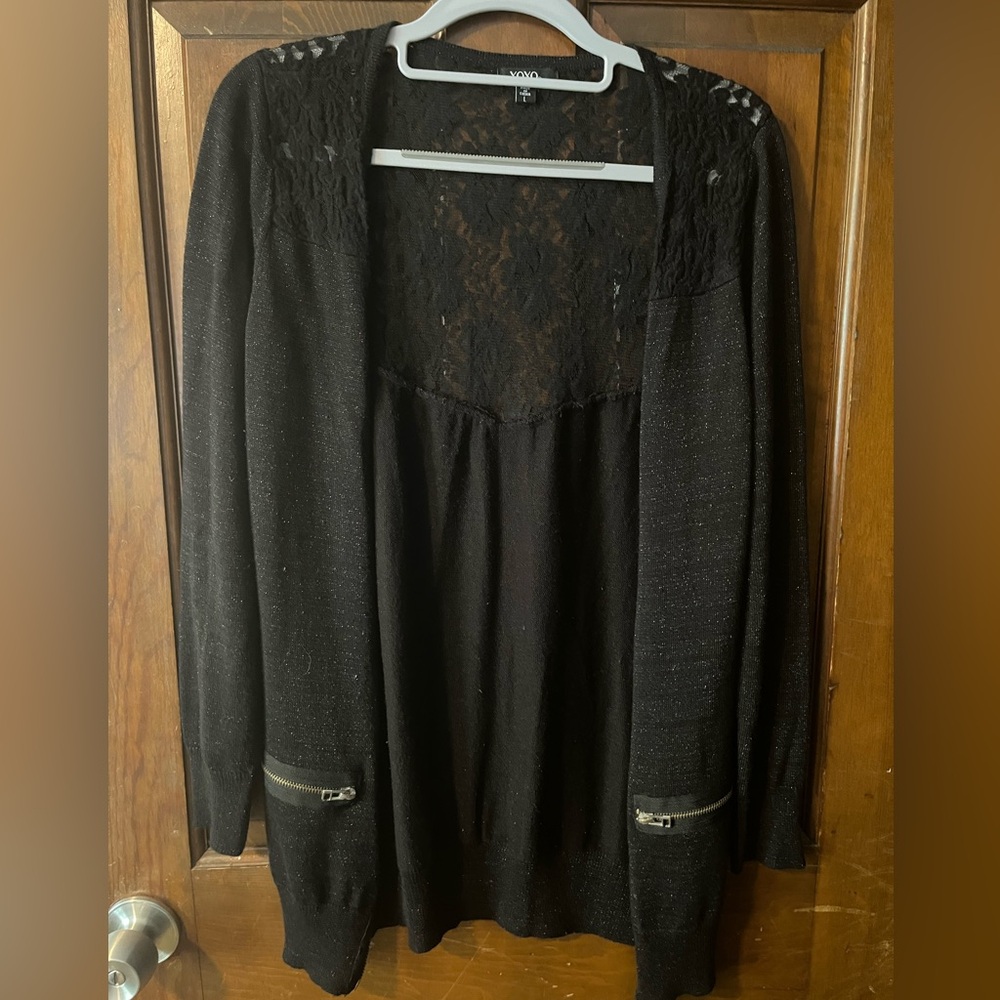 XOXO Black Cardigan with Lace and Zipper Details